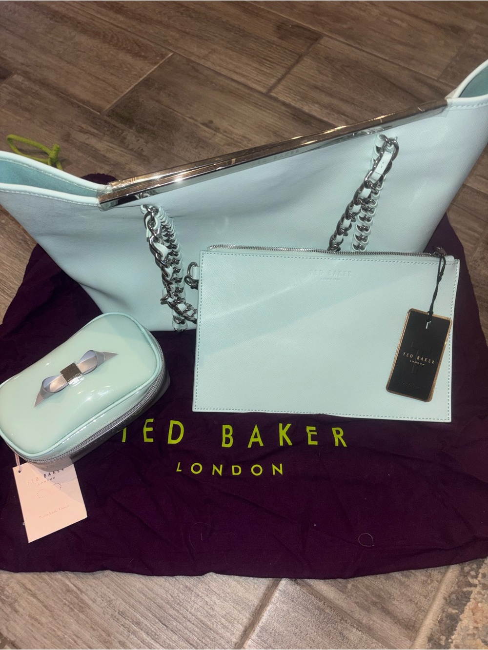 Ted Baker Light Mint Tote with Chain Handles and Pouch Set